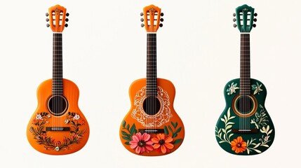 Fototapeta premium Vintage-inspired guitars decorated with lace and floral designs, warm tones, detailed textures, isolated on white