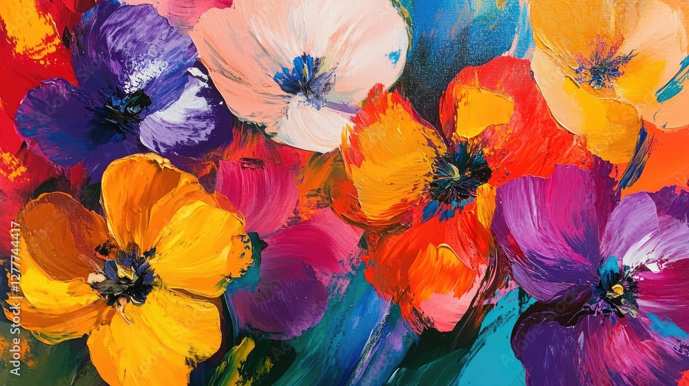 Poster a close-up view of colorful, abstract flowers in full bloom, featuring dynamic hues that captivate t
