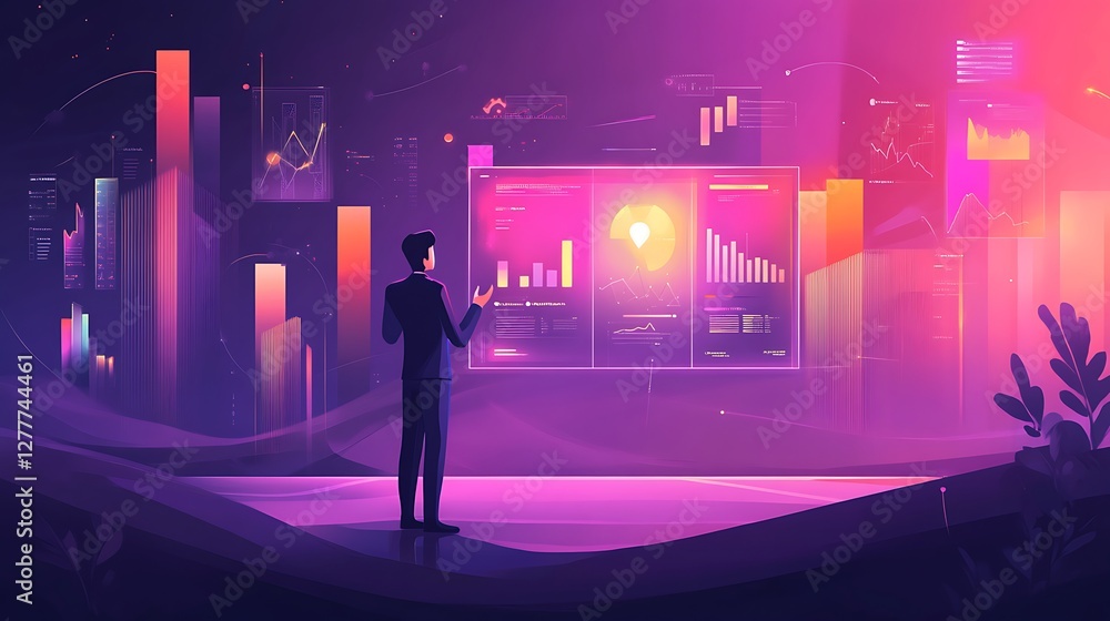 Poster businessman analyzing data visualizations on large screen