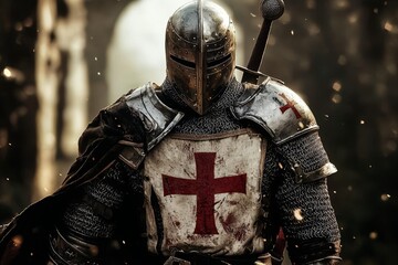 Templar knight in ornate armor stands proudly against a dreamy bokeh backdrop.