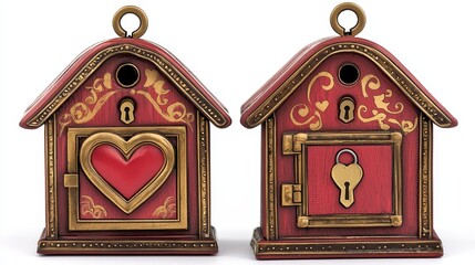 Vintage-style Valentine mailboxes in red and gold, adorned with heart-shaped locks and keys, cut out and isolated on a white background