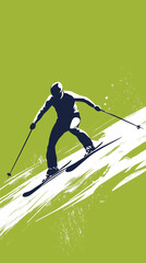 Fototapeta premium Minimalist illustration of a skier on a green background