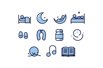 Sleeping Person Icon Collection - Vector Pictograms for Bed, Pillow, and Moon