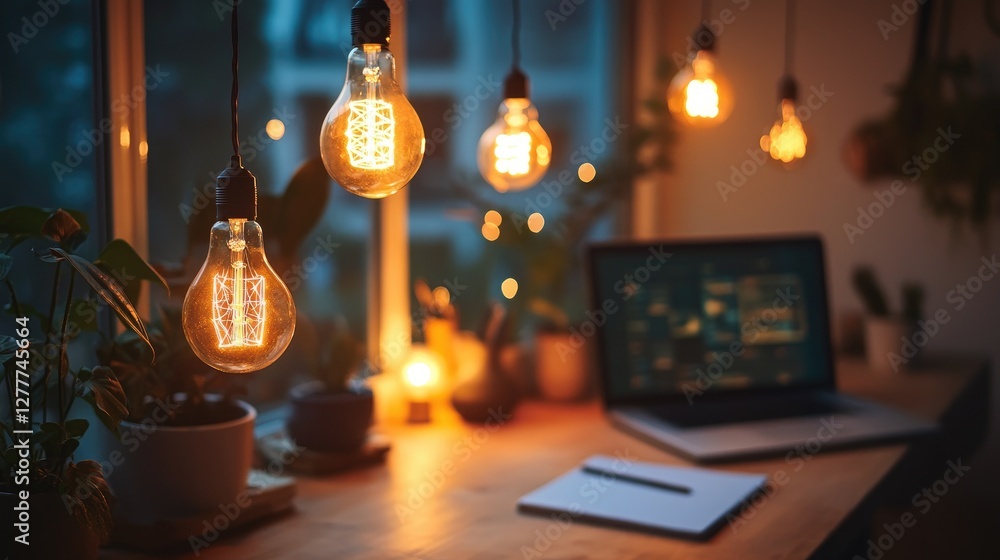 Aufkleber a cozy creative workspace lit by warm light bulbs, creating an inviting and inspiring atmosphere for