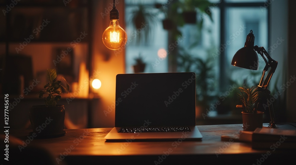 Poster a cozy creative workspace lit by warm light bulbs, creating an inviting and inspiring atmosphere for