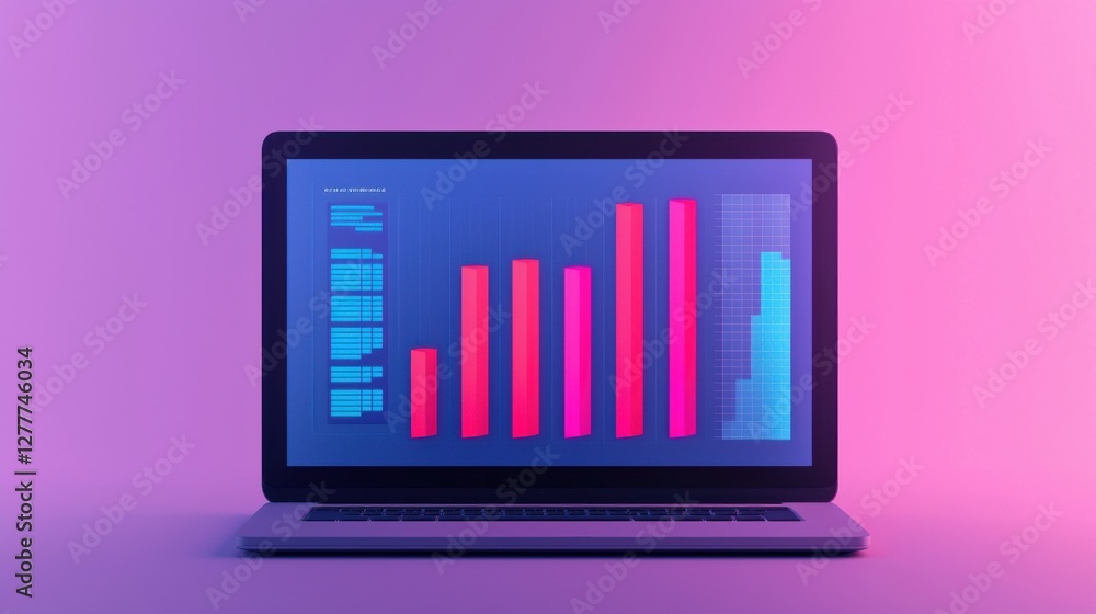 Poster ads concept. digital laptop screen displaying data analytics and infographic charts