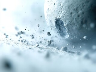 A massive moon shattering into fragments like crumbling cookies, chunks drifting off into the emptiness of space with a gentle blue illumination emanating from its core.