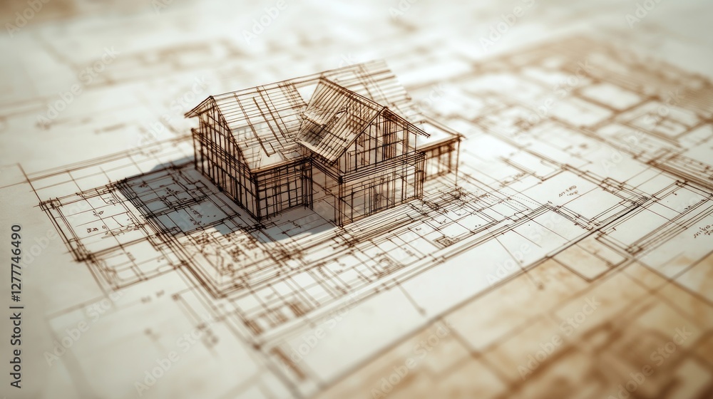 Poster a detailed blueprint showcasing a wood-structured house design, focusing on construction elements an