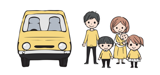 家族と車の全身イラストセット　マイカー