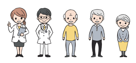 医師と高齢者の全身イラストのセット