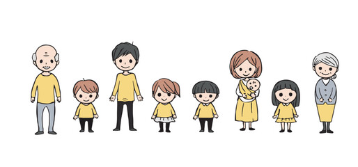 三世代家族の全身イラストのセット