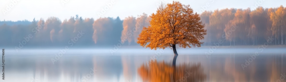 Aufkleber a lone tree and its reflection in a tranquil lake create an endless cycle, where reality and illusio
