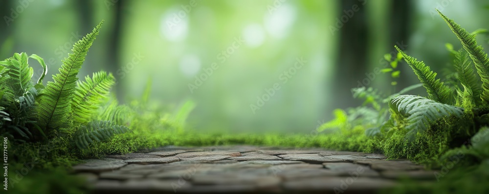Poster a forest pathway mirrored perfectly, appearing as if floating in mid-air, with soft mist rolling thr