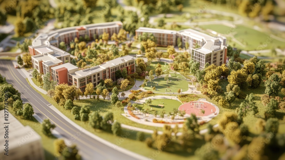 Poster a detailed high-resolution image of a maquette, illustrating a mixed-use development with residentia
