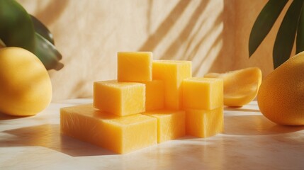 Cubes of mango soap, tropical leaves background
