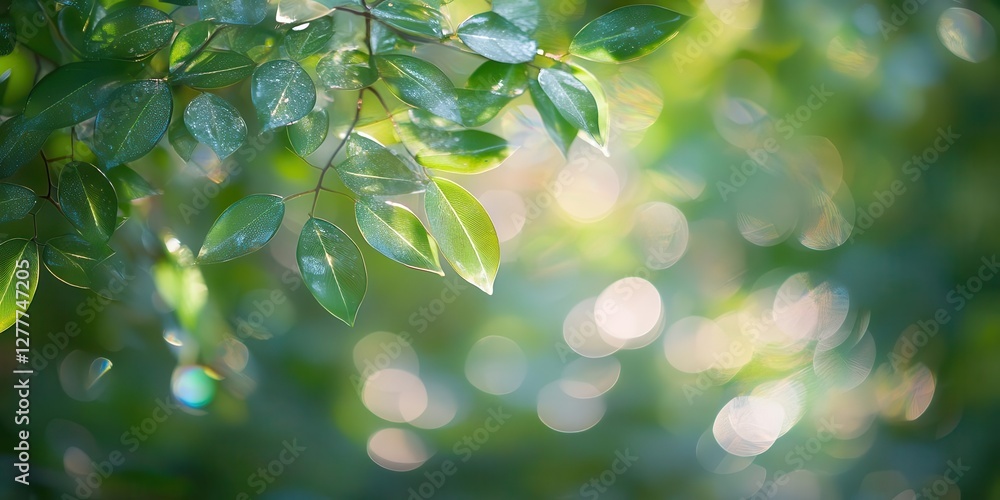 Poster in this dense forest, every leaf is crafted from translucent glass, sunlight refracting to form a me