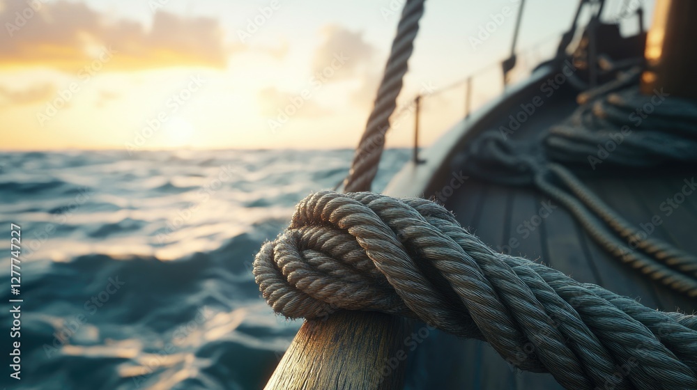Poster a detailed image of a thick rope on a boat at sea, showing the intricacies of the knot and the durab