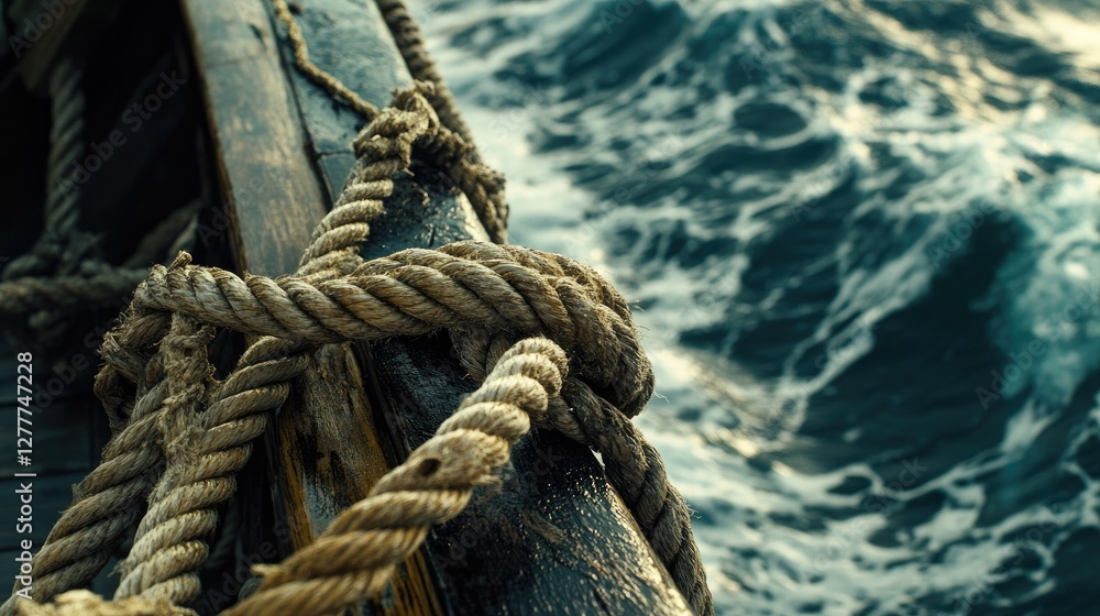 Poster a detailed image of a thick rope on a boat at sea, showing the intricacies of the knot and the durab