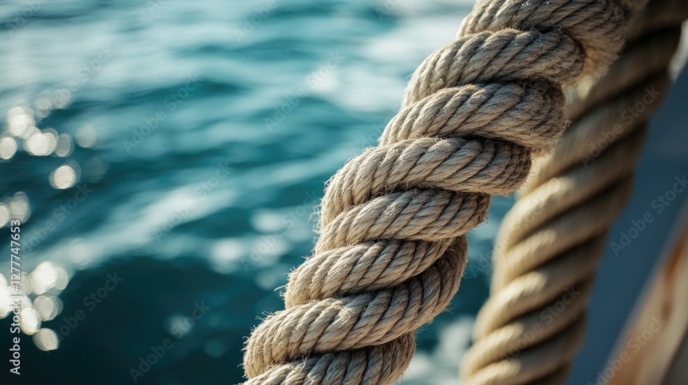 Poster a detailed shot of rope on a boat at sea, emphasizing the texture and intricacy of the rope weave as