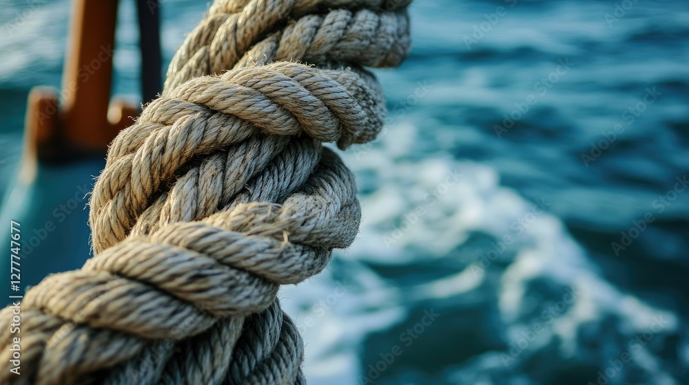 Poster a detailed shot of rope on a boat at sea, emphasizing the texture and intricacy of the rope weave as