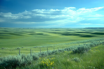 Obraz premium Rolling green hills, Montana landscape, sunny day, fence