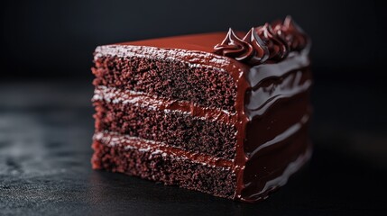 Delicious chocolate cake slice, dark background, dessert food photography