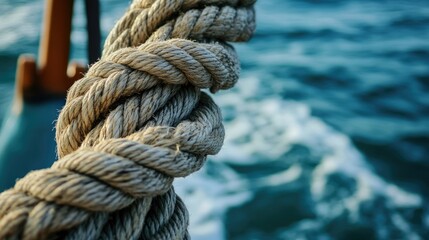 Fototapeta premium A detailed shot of rope on a boat at sea, emphasizing the texture and intricacy of the rope weave as it withstands the elements.