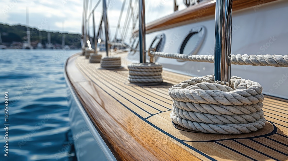 Poster a detailed view of a yacht rope, capturing the texture and knots, emphasizing the craftsmanship and 