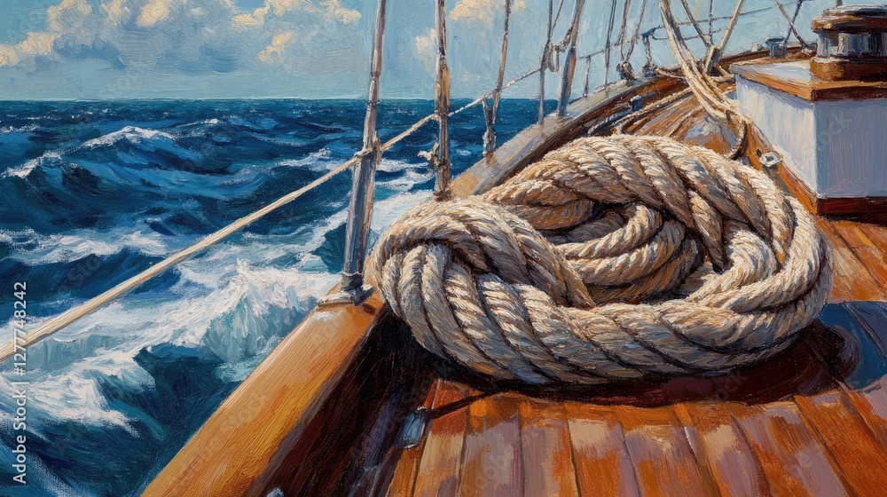 Poster a detailed view of a yacht rope, capturing the texture and knots, emphasizing the craftsmanship and 