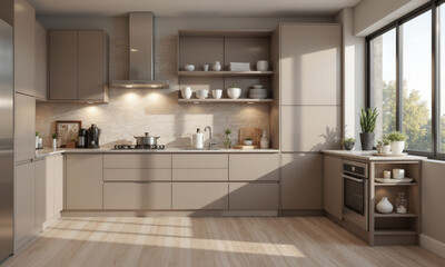 A contemporary kitchen with mocha mousse-colored cabinets, complemented by soft beige subway tiles on the backsplash. The contrast between