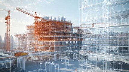 A digital twin simulation of a construction project, offering a virtual model of the construction site with data-driven updates and progress tracking.