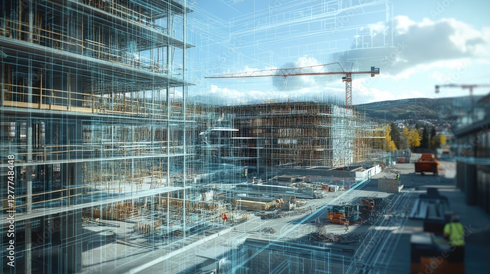 Poster A digital twin simulation of a construction project, showing a detailed virtual model of the site with real-time data and updates.