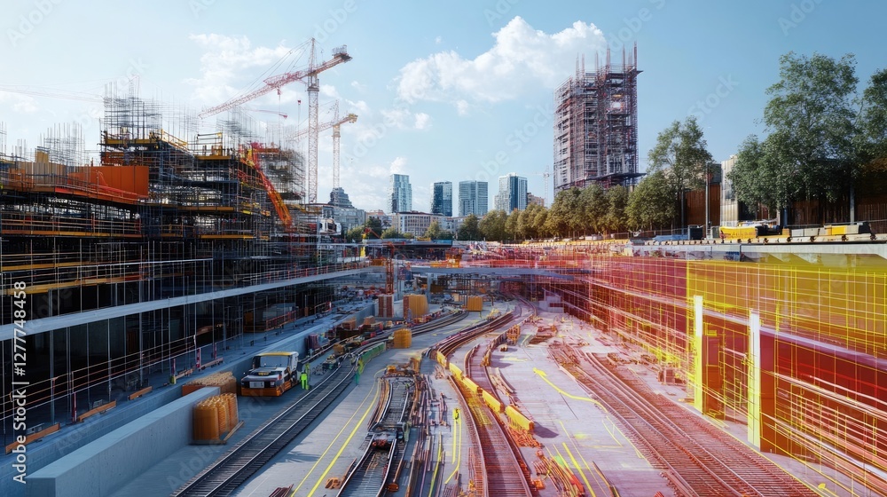 Poster A digital twin simulation of a construction project, showing a detailed virtual model of the site with real-time data and updates.
