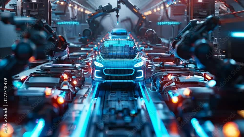 Poster automated car assembly: a futuristic car being meticulously assembled by robotic arms on an advanced