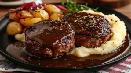 A serving of fried meat patties with mashed potatoes, topped with gravy and fresh herbs. A close-up highlights the rich flavors and mouth-watering texture of the dish.