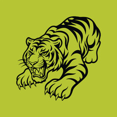 Obraz premium A bold and aggressive tiger illustration, captured in black lines on a vibrant background showing its power and intensity