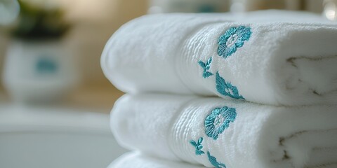 A stack of white towels with turquoise flower embroidery on the edges, displayed i