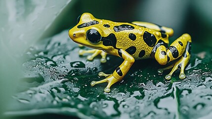 Fototapeta premium Vibrant yellow frog with black spots perched on a wet, green leaf.