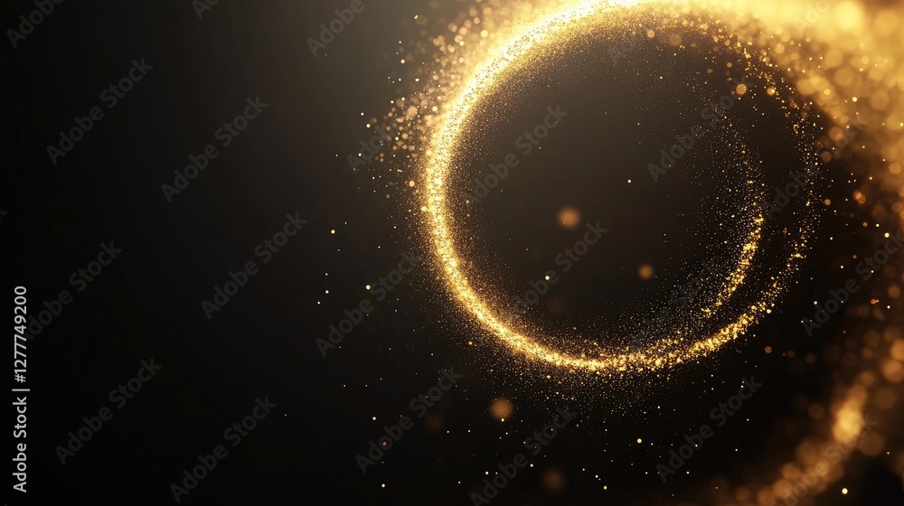 Poster a dynamic golden circle light effect on a black background, creating a mesmerizing, abstract visual 