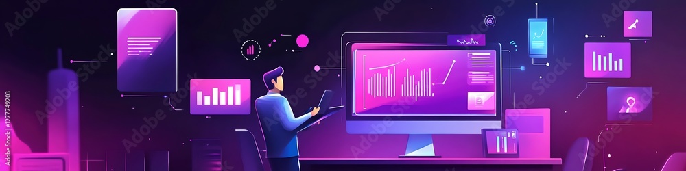 Poster businessman analyzing data on multiple devices