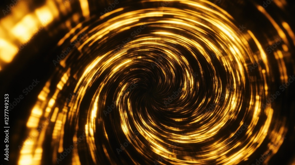 Poster a dynamic golden circle light effect on a black background, creating a mesmerizing, abstract visual 