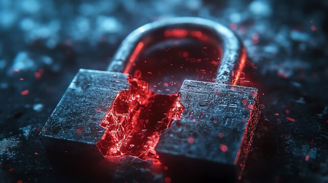 A broken padlock with binary code and encrypted data leaking from its gaps, representing a security breach, dark background, highdefinition, 4K