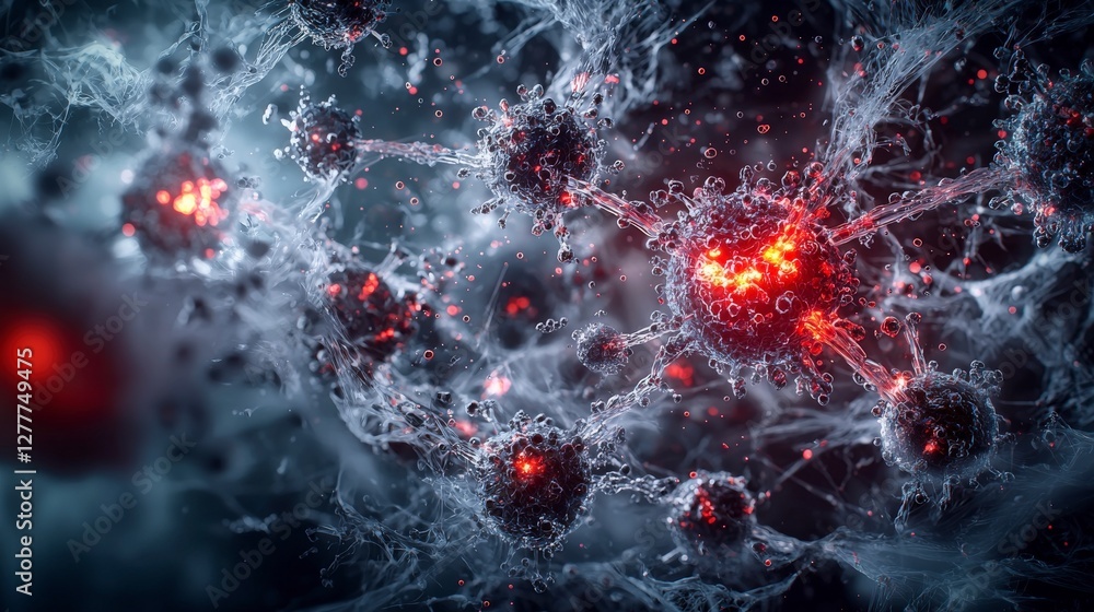 Poster Dynamic closeup visualization of molecular structure science lab digital art abstract setting macro view innovation