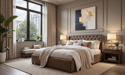 A luxurious master bedroom with a king-sized bed featuring a tufted mocha mousse velvet headboard. The room includes a pair of sleek, modern