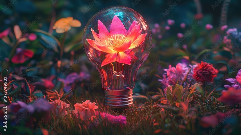 Poster a glowing flower inside a light bulb, set against a backdrop of lush grass and colorful blooms, comb