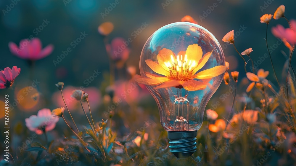 Poster a glowing flower inside a light bulb, set against a backdrop of lush grass and colorful blooms, comb