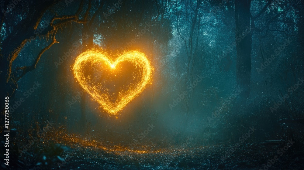 Poster a glowing heart-shaped light floating in a dark forest, casting an ethereal and magical glow in the 