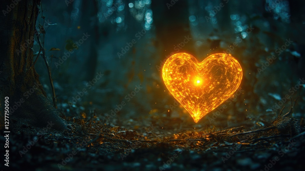 Poster a glowing heart-shaped light floating in a dark forest, casting an ethereal and magical glow in the 