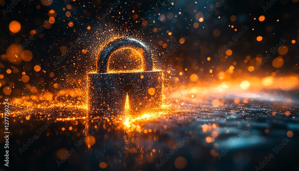 Poster a shattered padlock with light beams and data streams pouring from it, representing vulnerability in