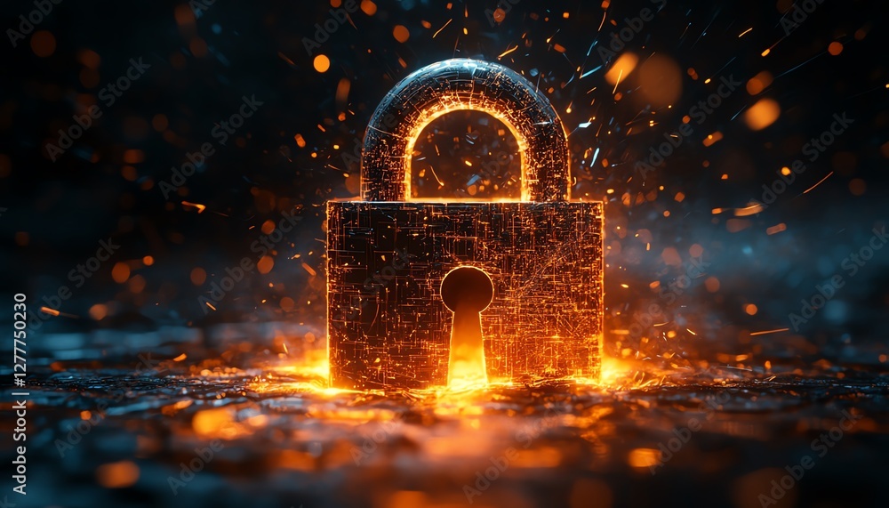 Poster a shattered padlock with light beams and data streams pouring from it, representing vulnerability in